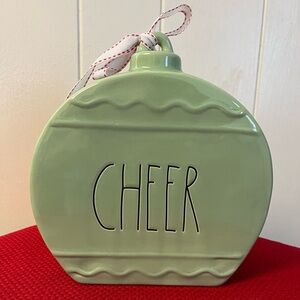 Rae Dunn - CHEER Christmas Ornament Green, with Bow, Tabletop